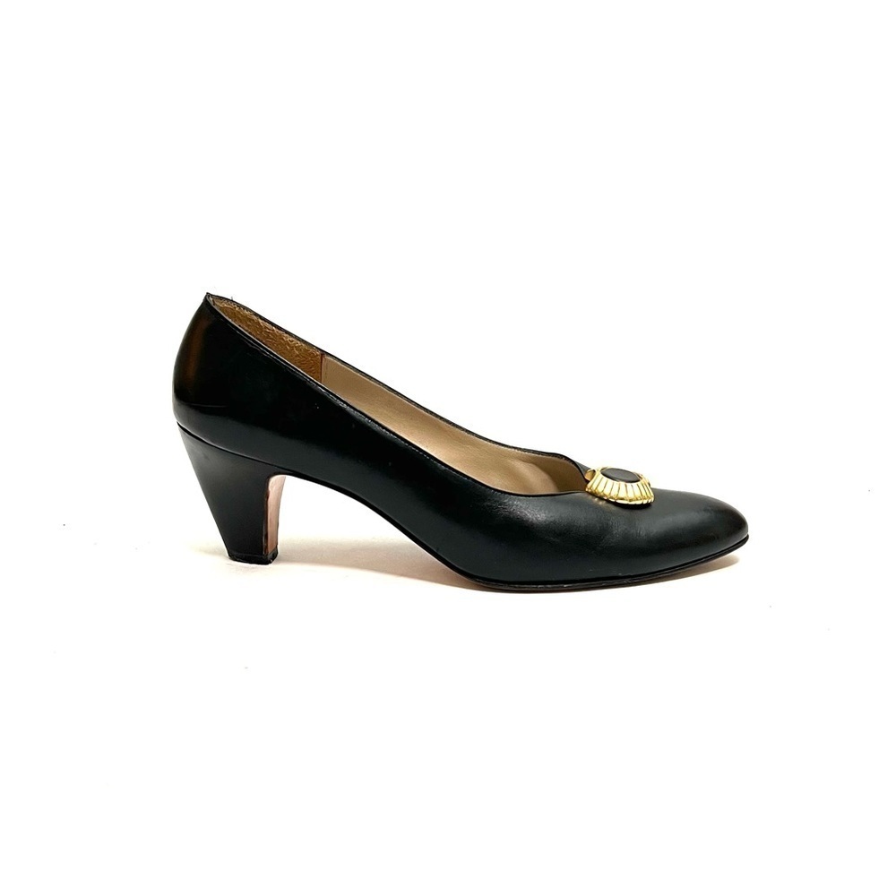 FERRAGAMO | Vintage 1980s black leather gold buckle classic workwear pumps